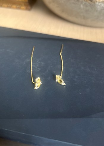 Zincir Detaylı Altın Renk Midi Küpe 925ayar gümüş