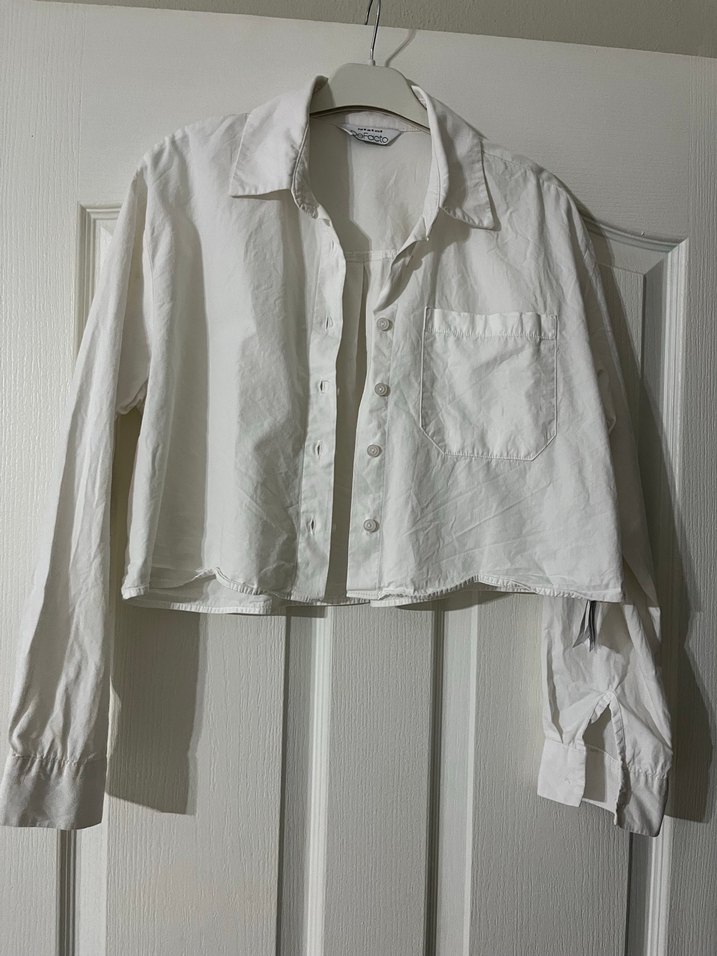 Düğmeli Beyaz Keten Kadın Gömlek - Görsel 3