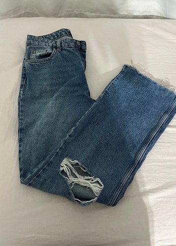 Düğmeli Mavi Bol Kesim Kadın Jean - Görsel 3