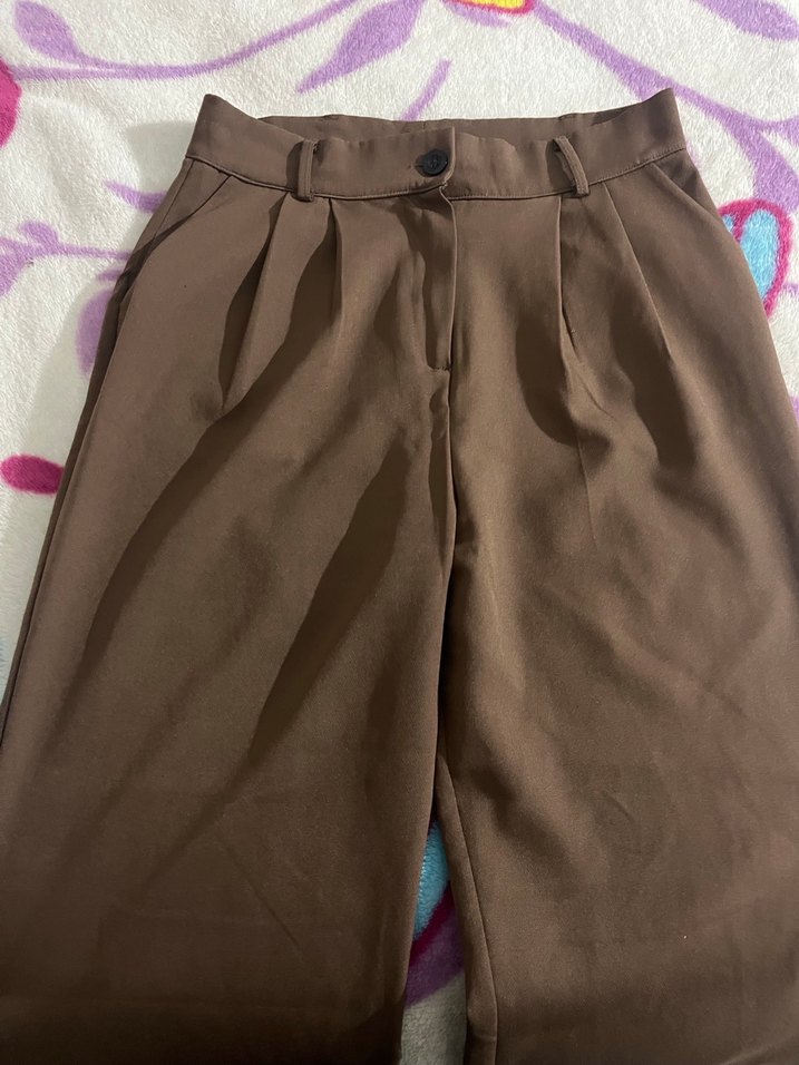 Düğmeli Kahverengi Kadın Kumaş Pantolon - Görsel 3