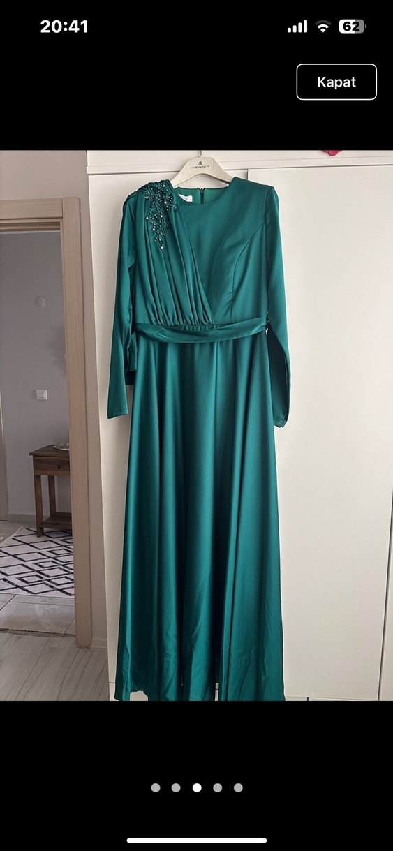 Turkuaz V Yaka İşlemeli Uzun Abiye Elbise - Görsel 3