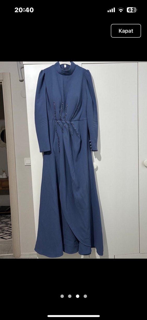 Mavi Uzun Kollu İşlemeli Abiye Elbise - Görsel 3