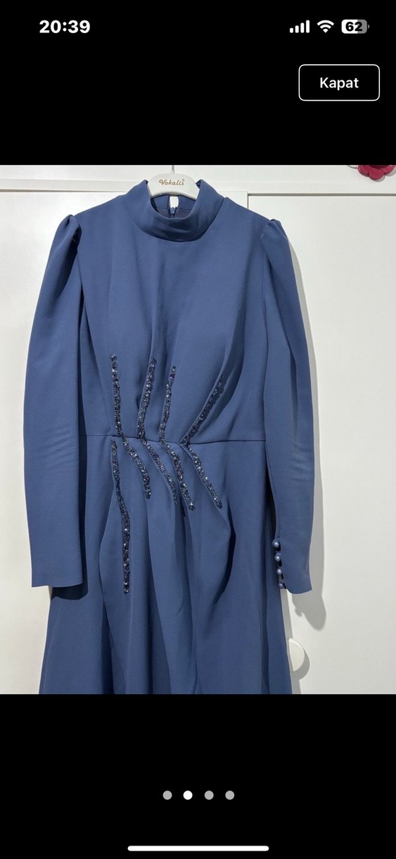 Mavi Uzun Kollu İşlemeli Abiye Elbise - Görsel 2