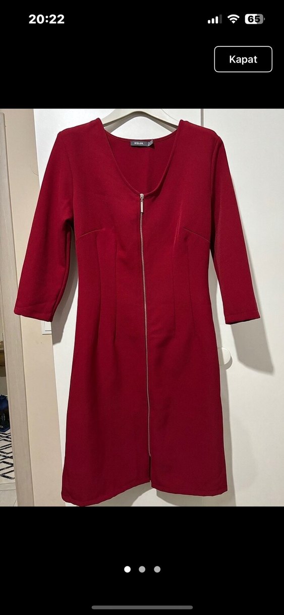 Bordo Fermuarlı V Yakalı Kadın Kalem Elbise - Görsel 2