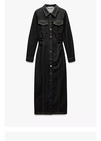 Zara Siyah Uzun Kollu Düğmeli Denim Elbise