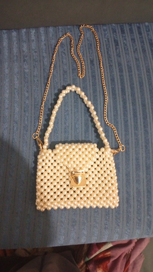 İnci Boncuklu Örgü Beyaz Kadın Çanta - Görsel 2