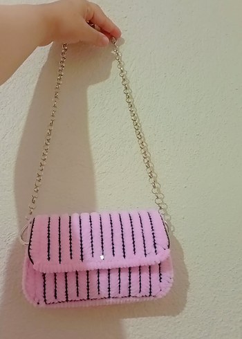Pembe Örgü Zincir Detaylı Kadın Çanta - Görsel 3