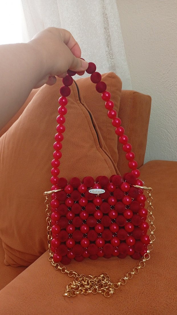 Boncuk İşlemeli Kırmızı Bohem Kadın Çanta - Görsel 3