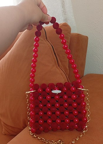 Kırmızı Boncuklu Örgü Bohem Çanta - Görsel 3