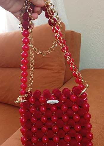 Kırmızı Boncuklu Örgü Bohem Çanta - Görsel 4