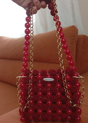 Kırmızı Boncuklu Örgü Bohem Çanta - Görsel 5