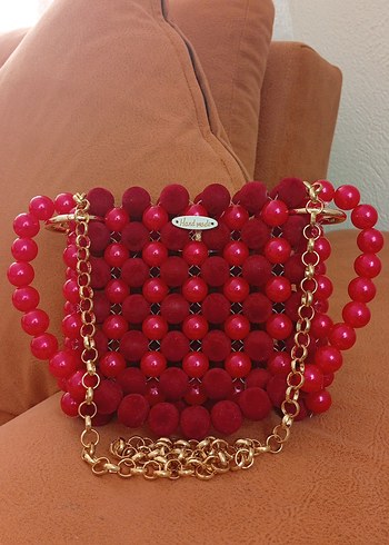 Kırmızı Boncuklu Örgü Bohem Çanta - Görsel 2