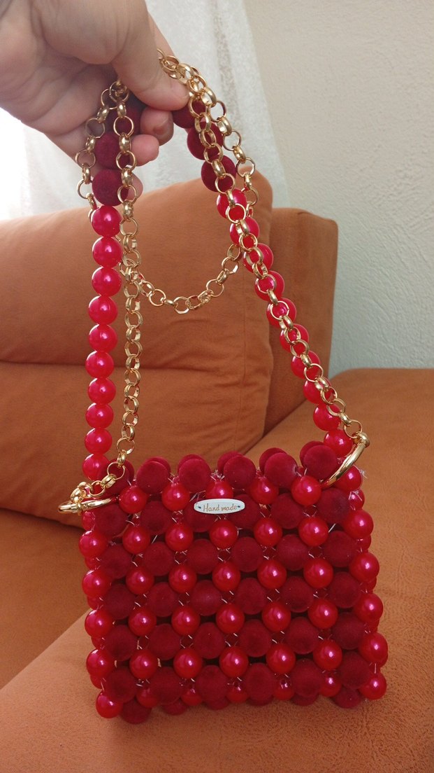 Kırmızı Boncuklu Örgü Bohem Çanta - Görsel 4