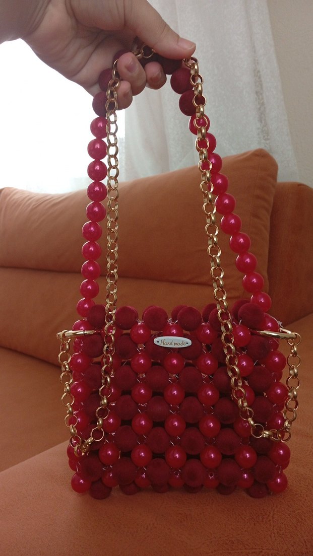 Kırmızı Boncuklu Örgü Bohem Çanta - Görsel 5