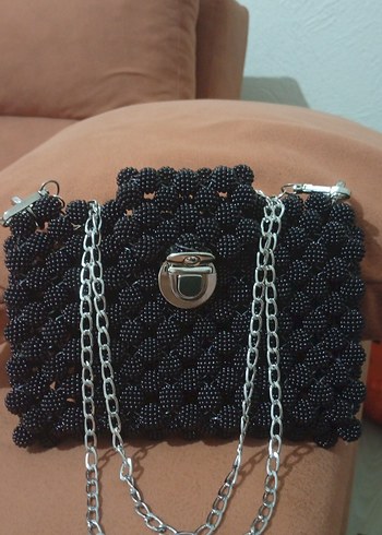 Boncuk İşlemeli Siyah Örgü Kadın Çanta - Görsel 2