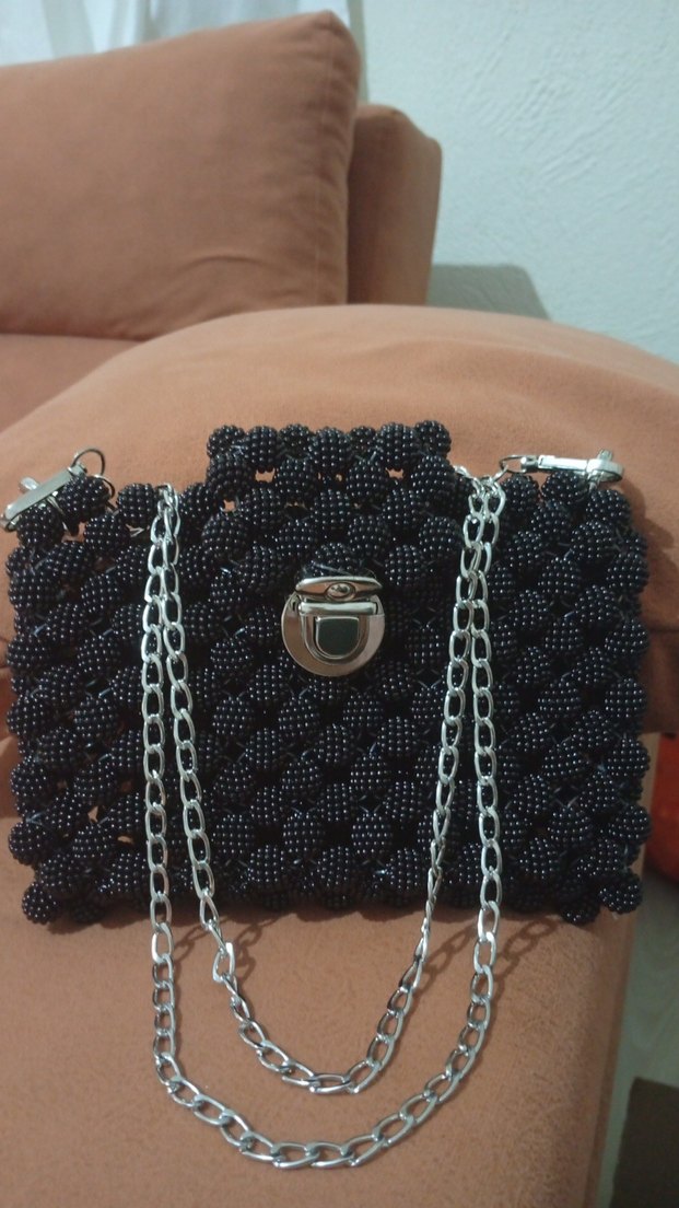 Boncuk İşlemeli Siyah Örgü Kadın Çanta - Görsel 2