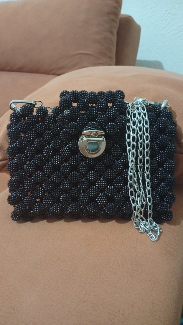 Boncuk İşlemeli Siyah Örgü Kadın Çanta - Görsel 3