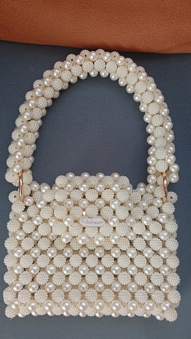 Boncuk İşlemeli Beyaz Örgü Kadın Çanta - Görsel 3