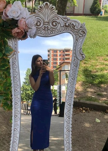 Mavi Drapeli Yüksek Yakalı Uzun Elbise - Görsel 2