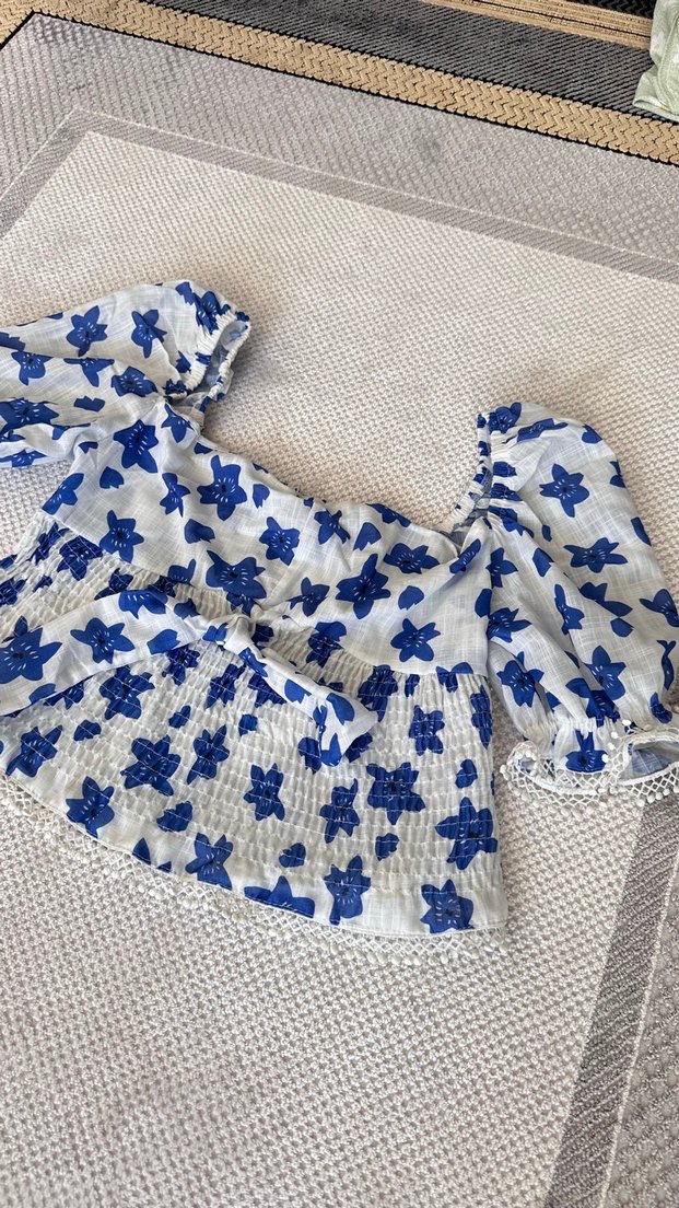 Mavi Nakışlı Fırfırlı Kadın Bluz - Görsel 2