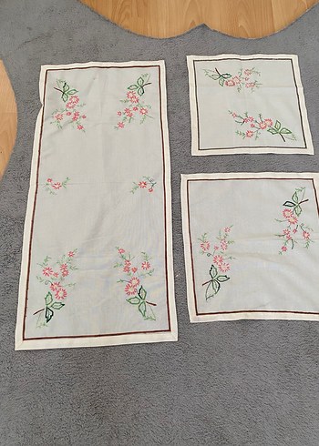Nakışlı Vintage Bej Masa Örtüsü Seti