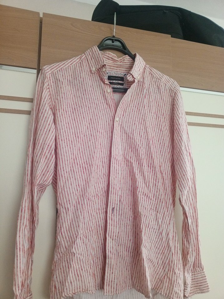 Düğmeli Pembe Erkek Keten Gömlek - Görsel 2