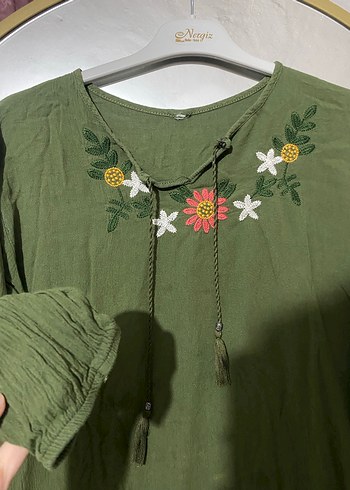 Nakışlı Yeşil Bohem Kadın Bluz - Görsel 2