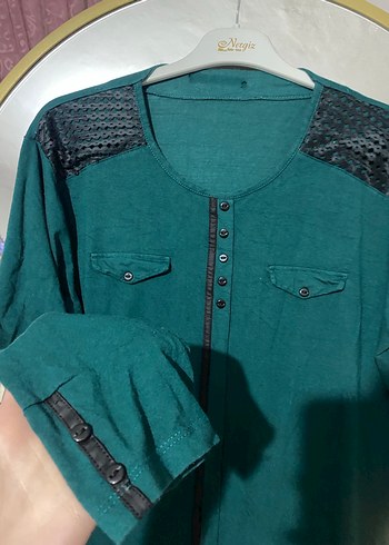 Düğmeli Uzun Kollu Yeşil Kadın Gömlek - Görsel 2