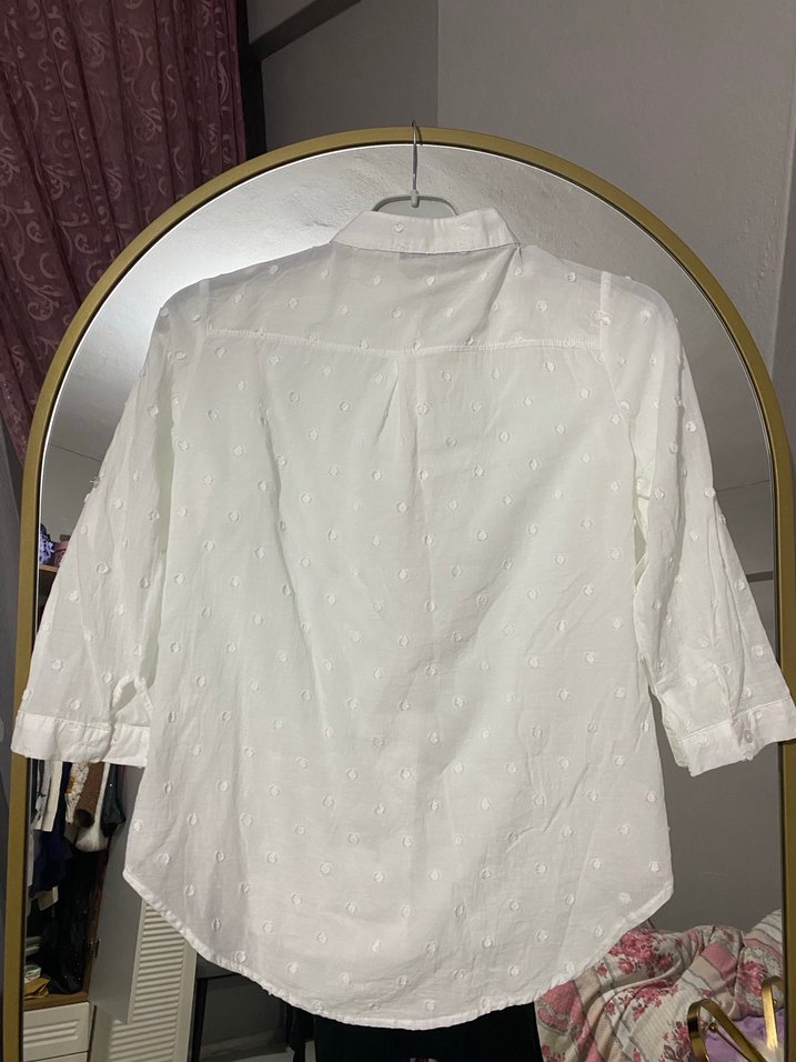 Düğmeli Beyaz Pamuklu Kadın Gömlek - Görsel 3