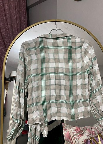 Gri Ekose Desenli Düğmeli Kadın Gömlek - Görsel 3