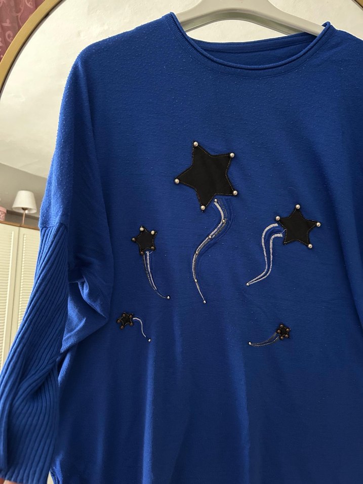 Nakışlı Mavi Kadın Örme Kazak - Görsel 2