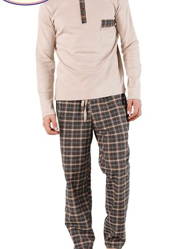 Düğmeli Kahverengi Gri Erkek Pijama Takımı - Görsel 4