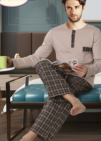 Düğmeli Kahverengi Gri Erkek Pijama Takımı