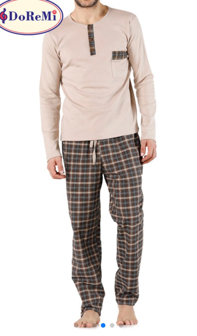 Düğmeli Kahverengi Gri Erkek Pijama Takımı - Görsel 4