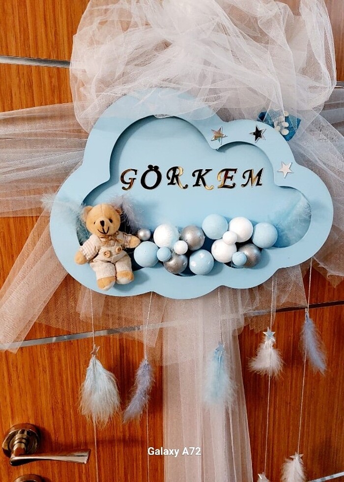 Erkek bebek ledli  kapı süsü takı yastığı ve sepet takım - Görsel 2