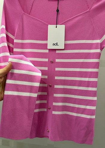Adil Işık marka Pembe Çizgili Düğmeli Kadın Triko - Görsel 5