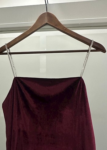 Bordo Drapeli Midi Straplez Kadın Abiye Elbise - Görsel 3