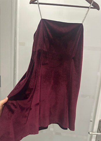 Bordo Drapeli Midi Straplez Kadın Abiye Elbise - Görsel 5