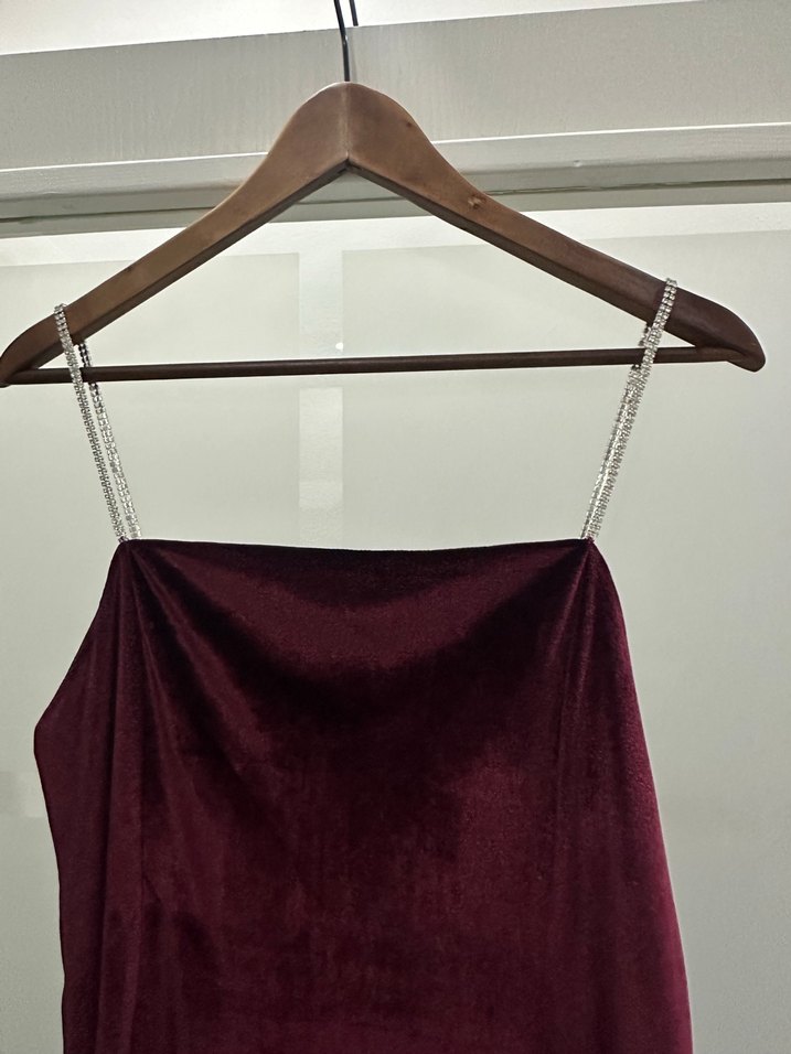 Bordo Drapeli Midi Straplez Kadın Abiye Elbise - Görsel 3