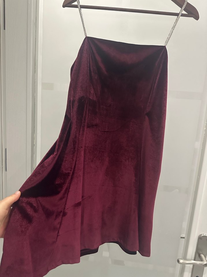 Bordo Drapeli Midi Straplez Kadın Abiye Elbise - Görsel 5