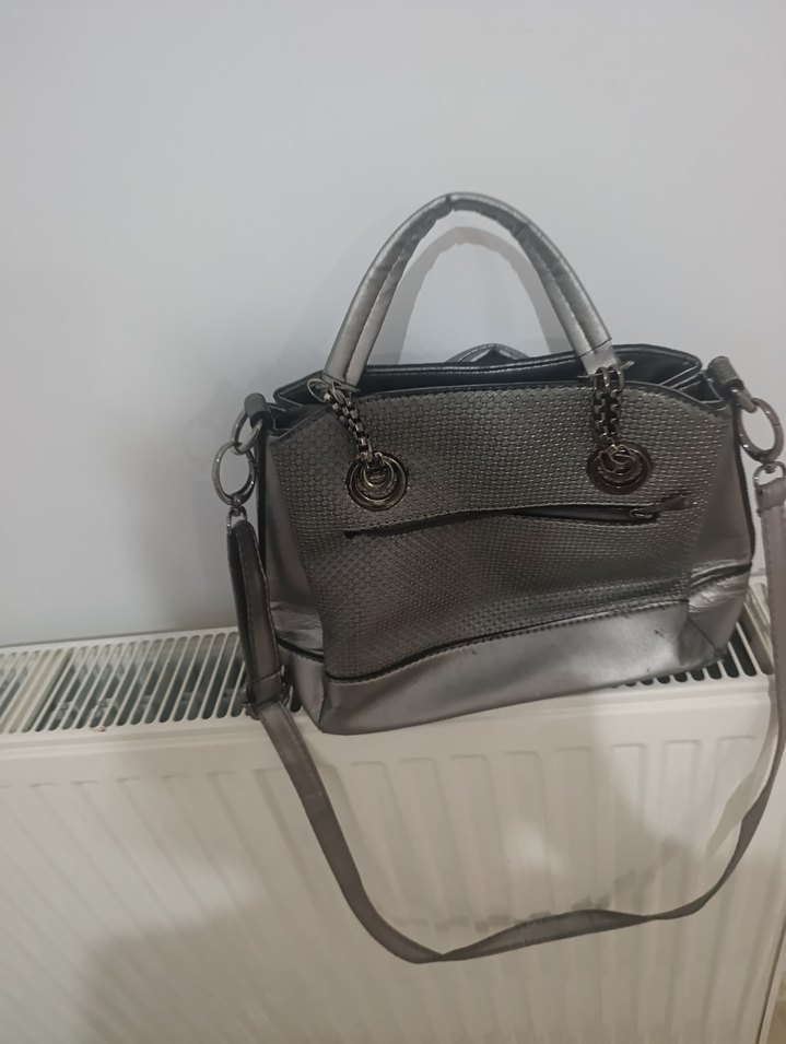 Gri Deri Yılan Desenli Tokalı Kadın Çanta - Görsel 2