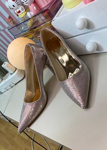 Işıltılı Pembe Yılan Desenli Topuklu Ayakkabı - Görsel 2