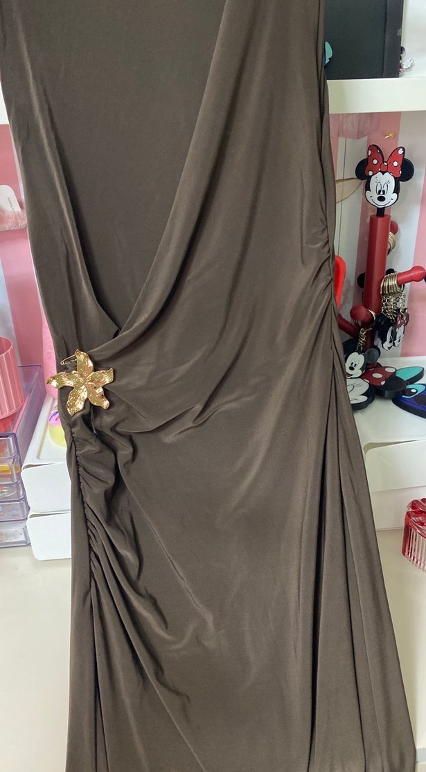 Kahverengi Drapeli Uzun Kadın Elbise - Görsel 2