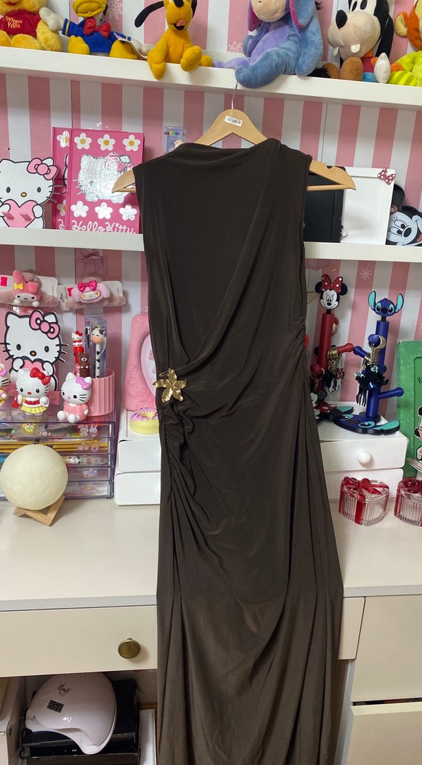 Kahverengi Drapeli Uzun Kadın Elbise - Görsel 3