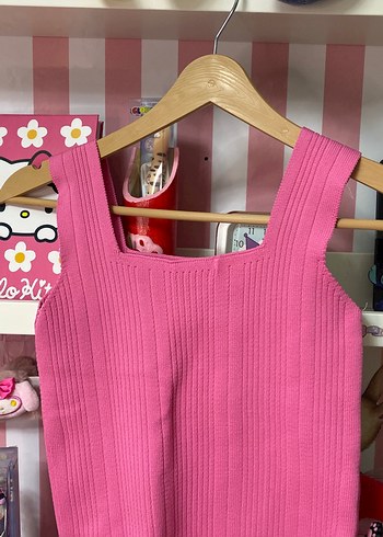 Pembe Örgü Kadın Askılı Bluz - Görsel 2