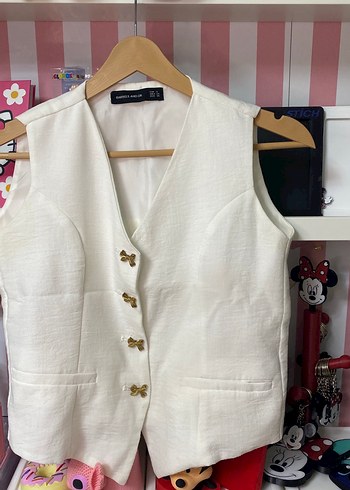 Düğmeli Beyaz Pamuklu Kadın Yelek - Görsel 3