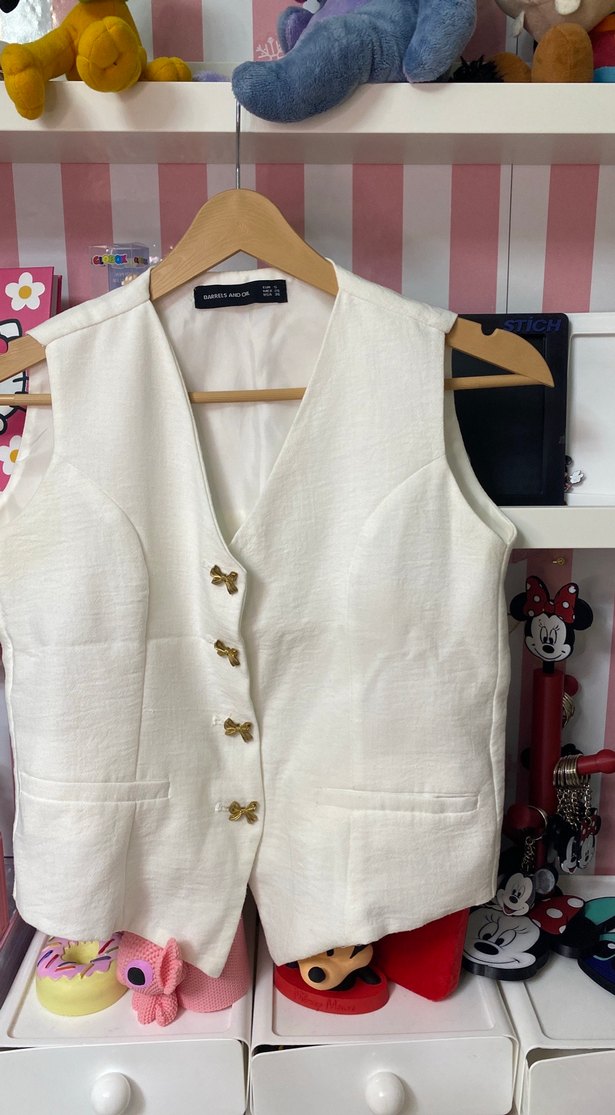 Düğmeli Beyaz Pamuklu Kadın Yelek - Görsel 3