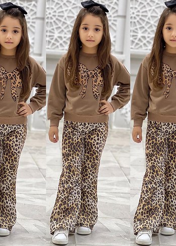 Kız Çocuk Kahverengi Leopar Desenli Eşofman Takımı