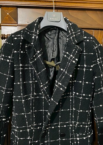 Düğmeli Siyah Ekose Kadın Midi ceket - Görsel 2