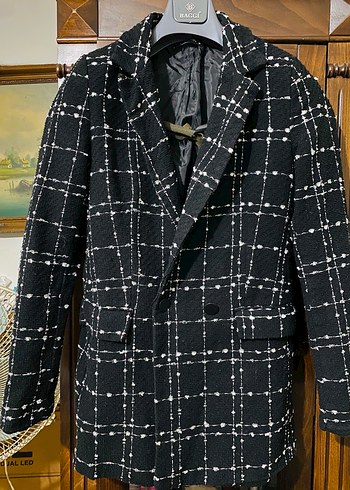 Düğmeli Siyah Ekose Kadın Midi ceket - Görsel 3